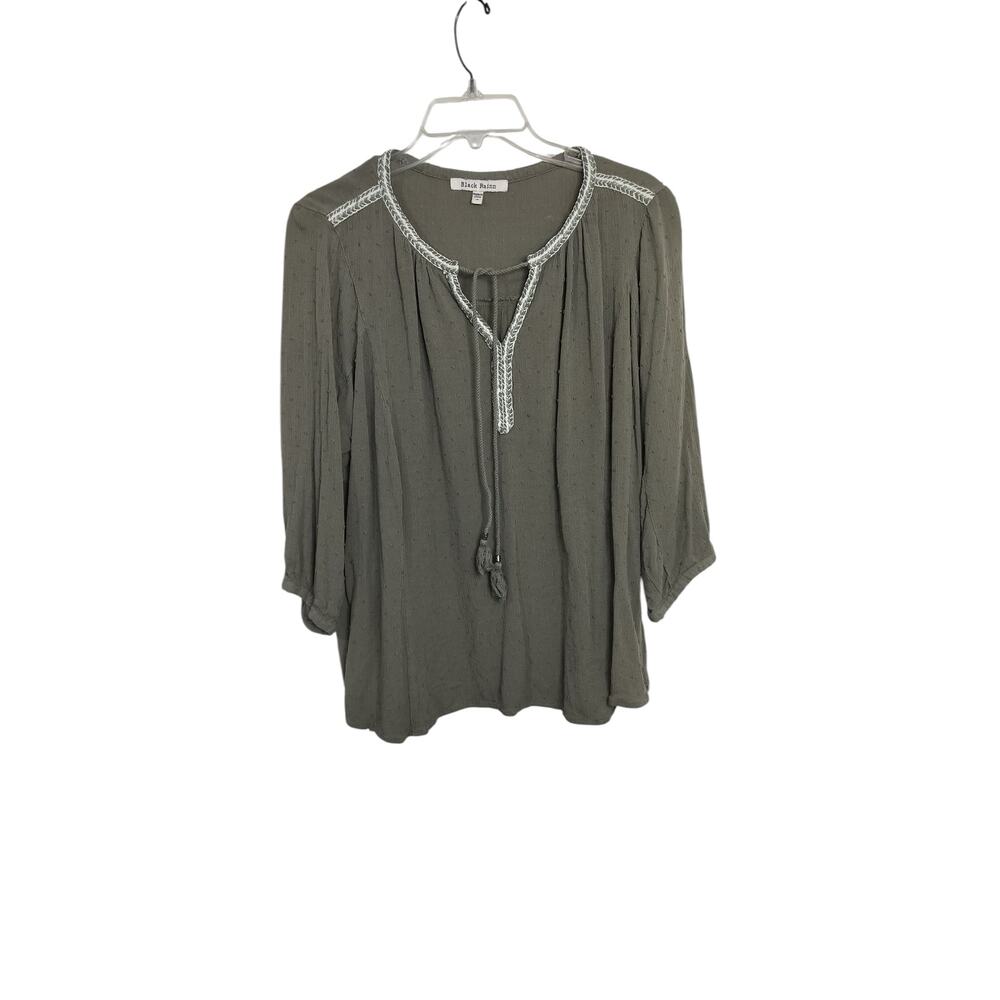 4074)Black Rainn Green Tie Front Tassel 3/4 Sleeve Boho  Pullon  Blouse Size 1X